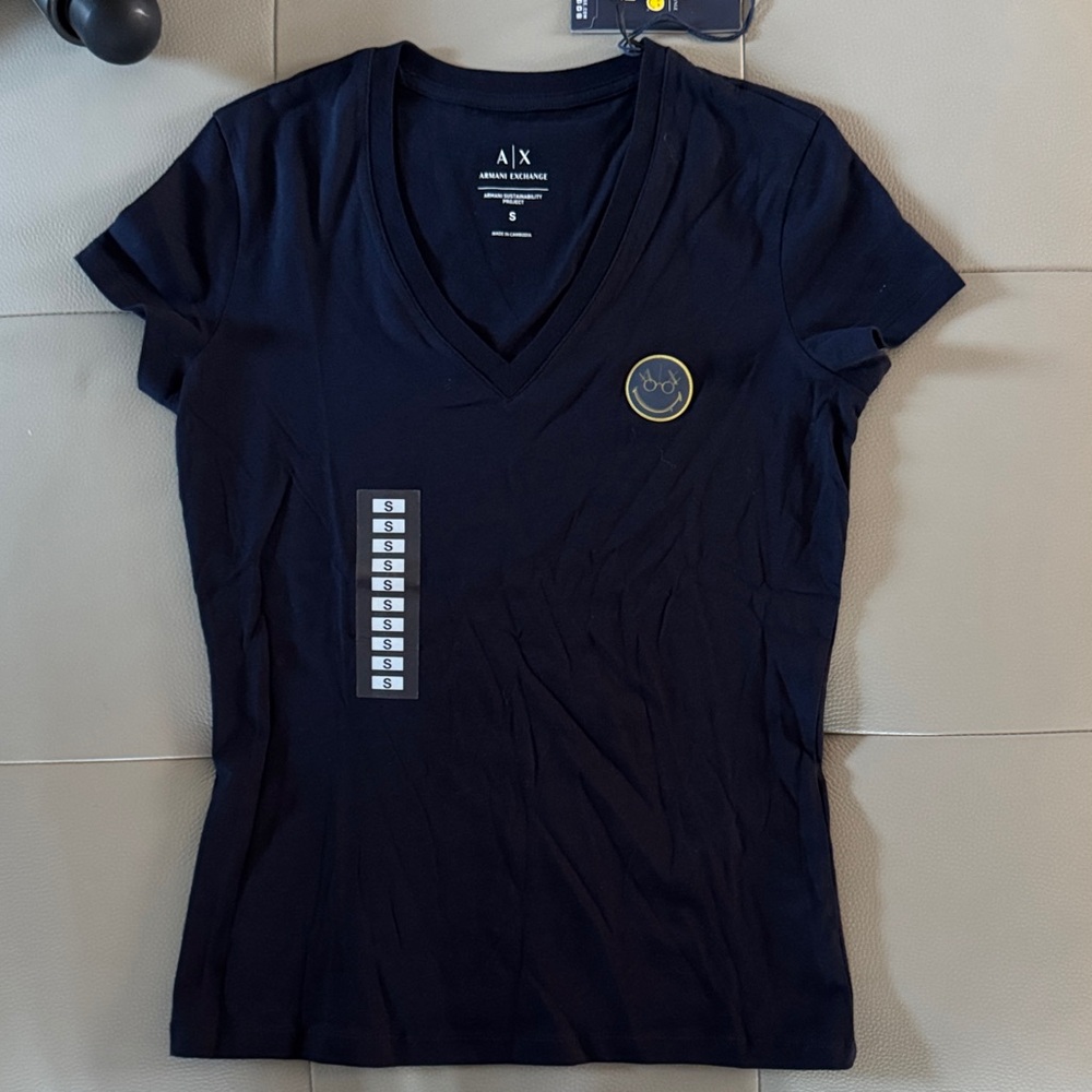 A|X  X Smiley World Collab. Women Black V-Neck Short Sleeve Tee with Subtle Logo